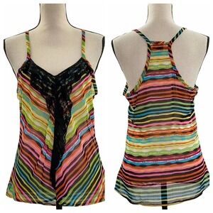DAYTRIP Rainbow Striped Black Lace Racerback V-Neck Sleeveless Tank Top